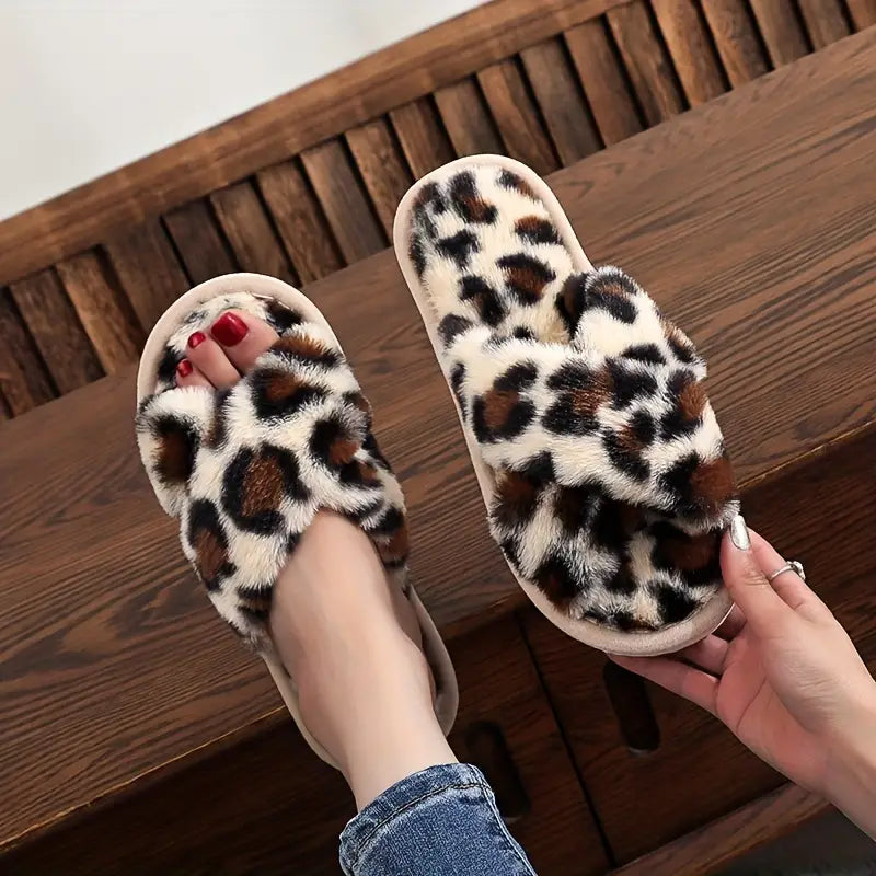 Fuzzy Criss Cross Slippers – Cozy Faux Fur Crossband Slippers for Women