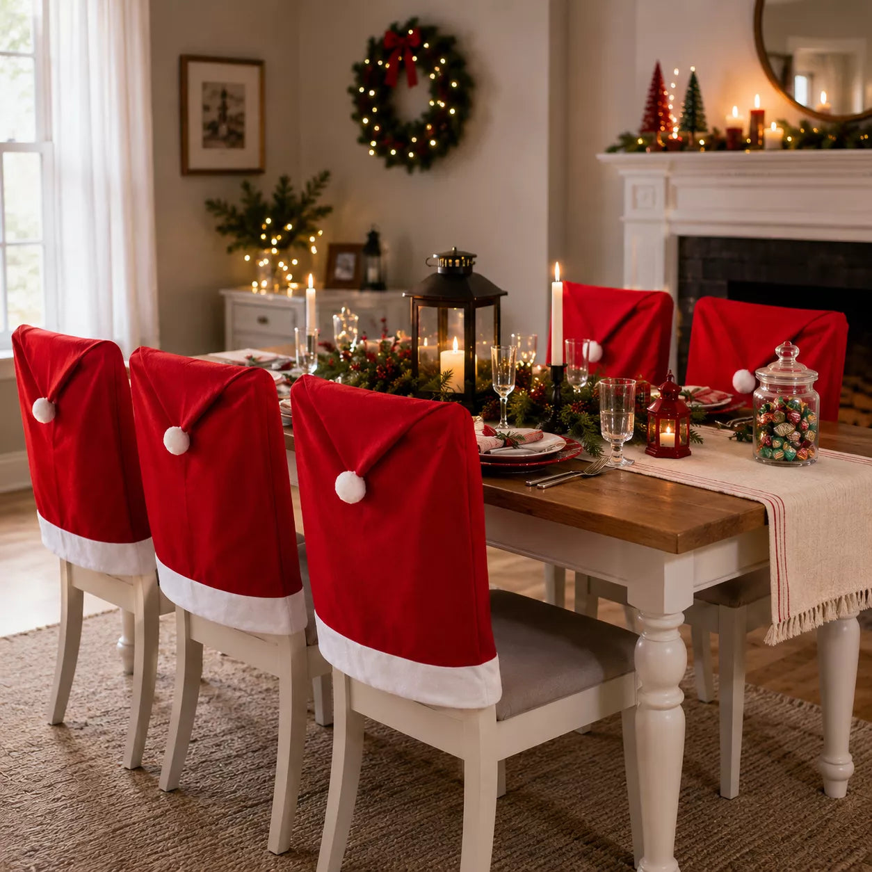 Christmas chair covers decorating a holiday dining table