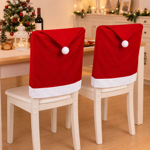 Santa hat chair cover slipped over a dining chair back