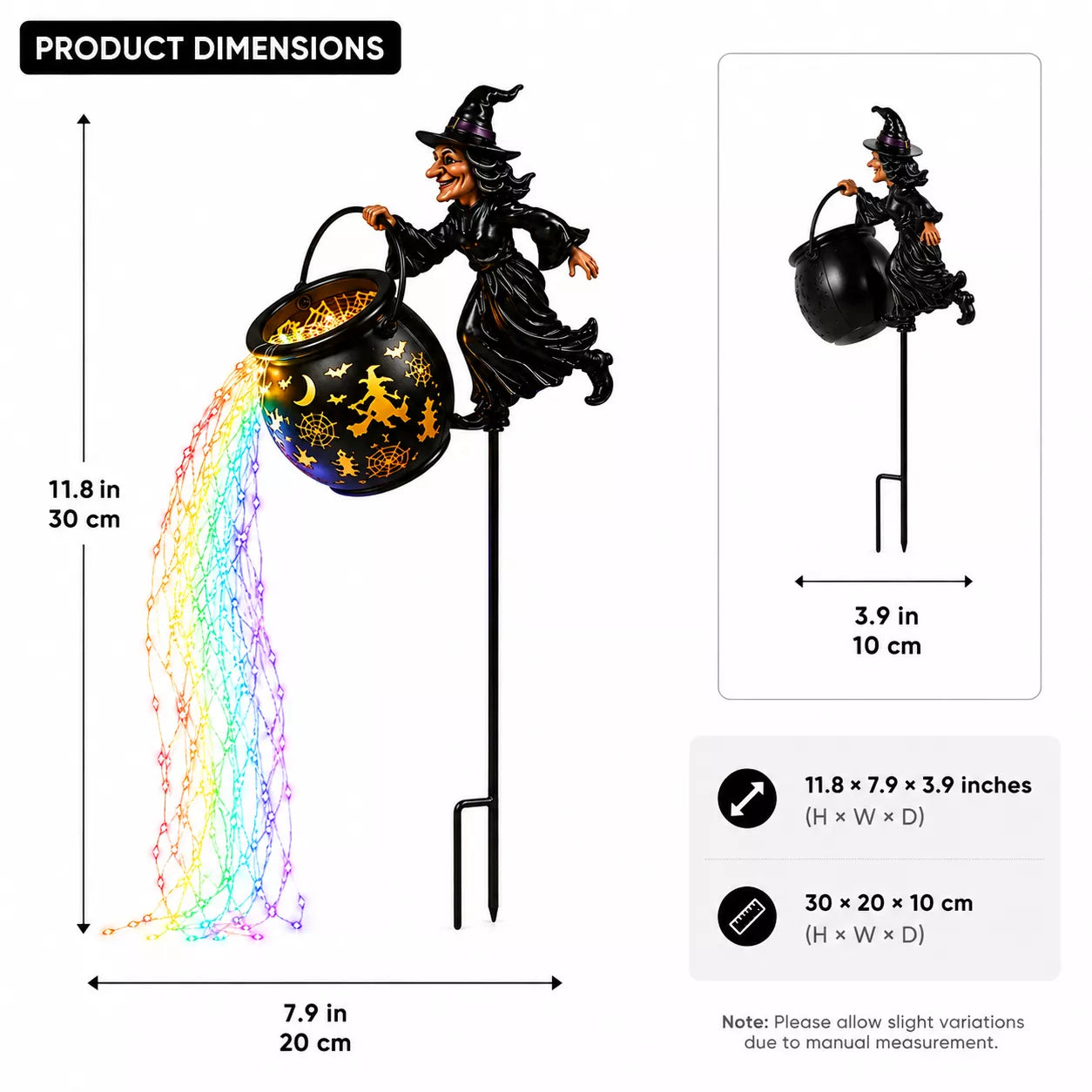 Product dimensions diagram for a Halloween witch cauldron garden stake, 
