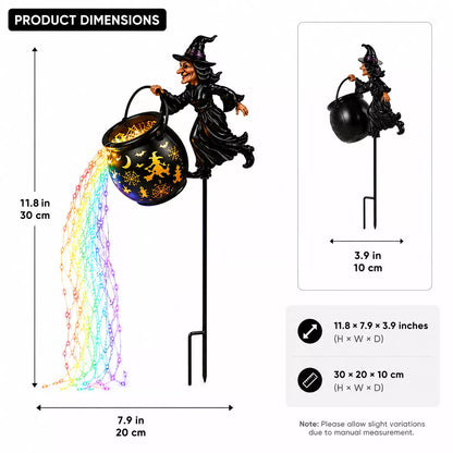 Product dimensions diagram for a Halloween witch cauldron garden stake, 