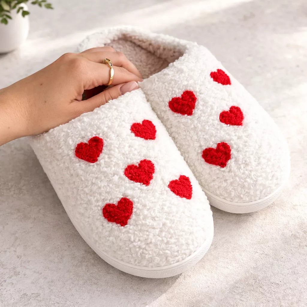 Heart Slippers - Fuzzy Heart Slippers for Women