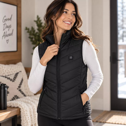 Women's heated vest worn during winter, showing a comfortable fitted design