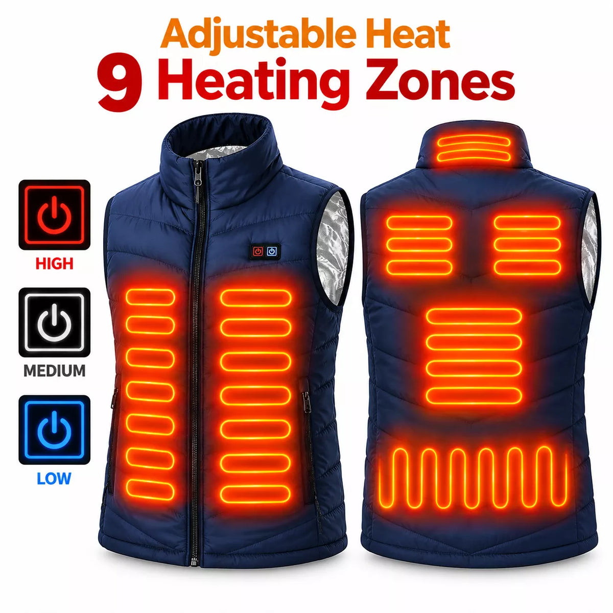 Heated vest with 9 heating zones clearly highlighted across the chest, back, shoulders, and waist