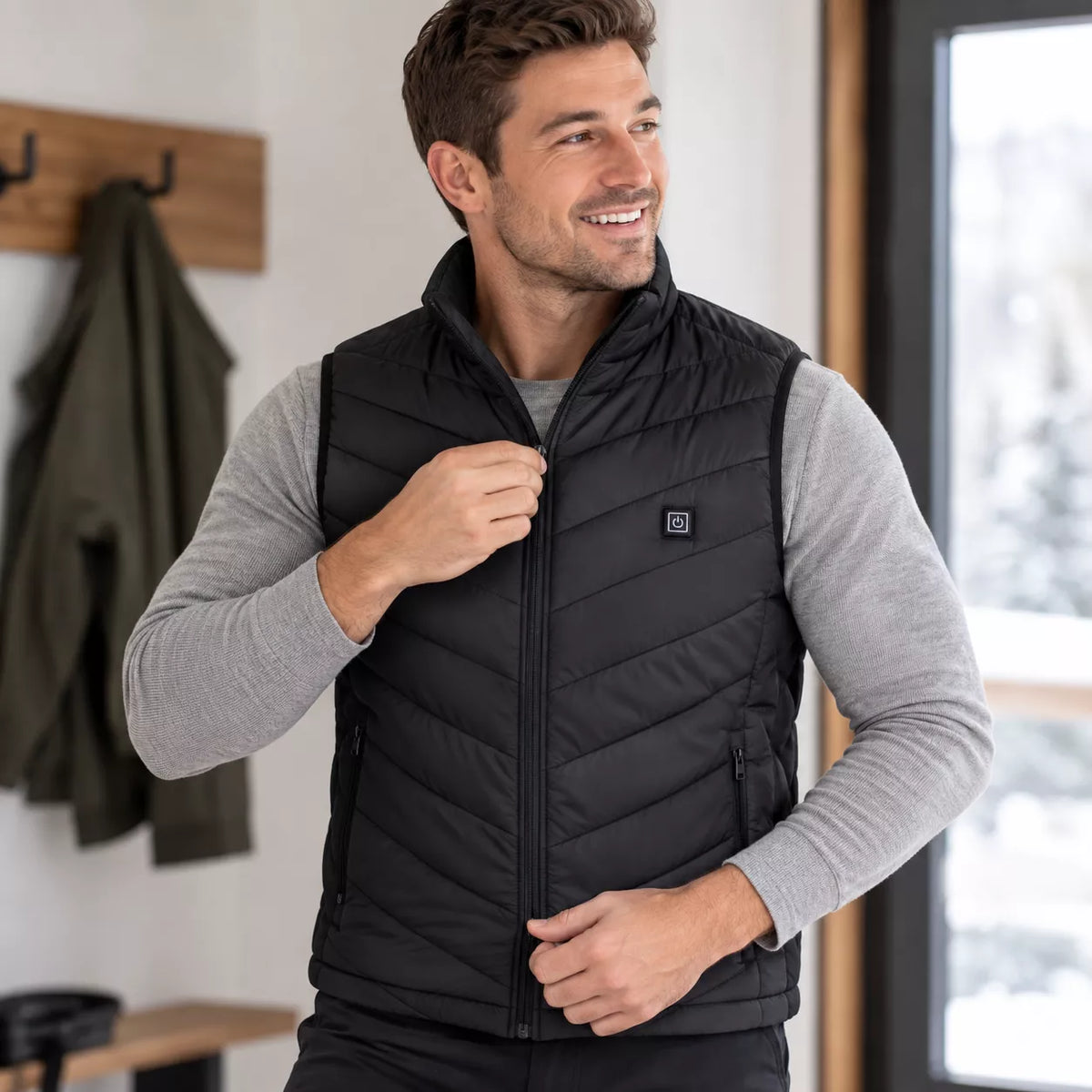 Man wearing a heated vest over layers to demonstrate versatility