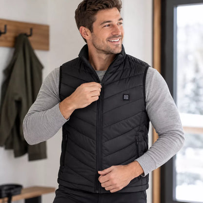 Man wearing a heated vest over layers to demonstrate versatility