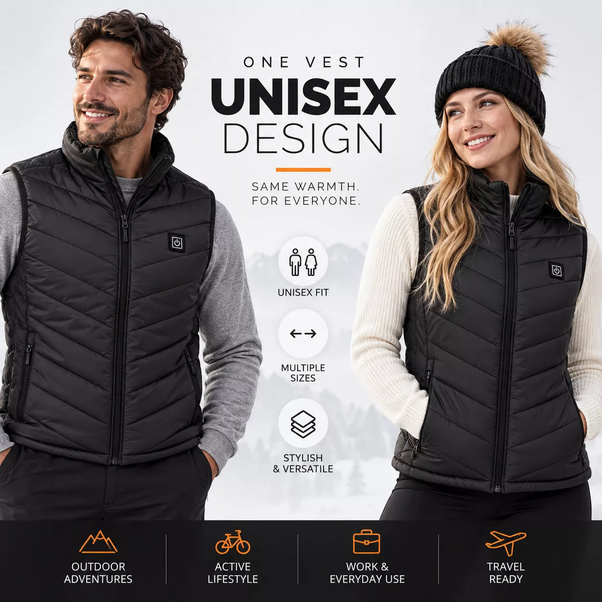 Heated Vest worn by male and female models side-by-side wearing the same unisex heated vest