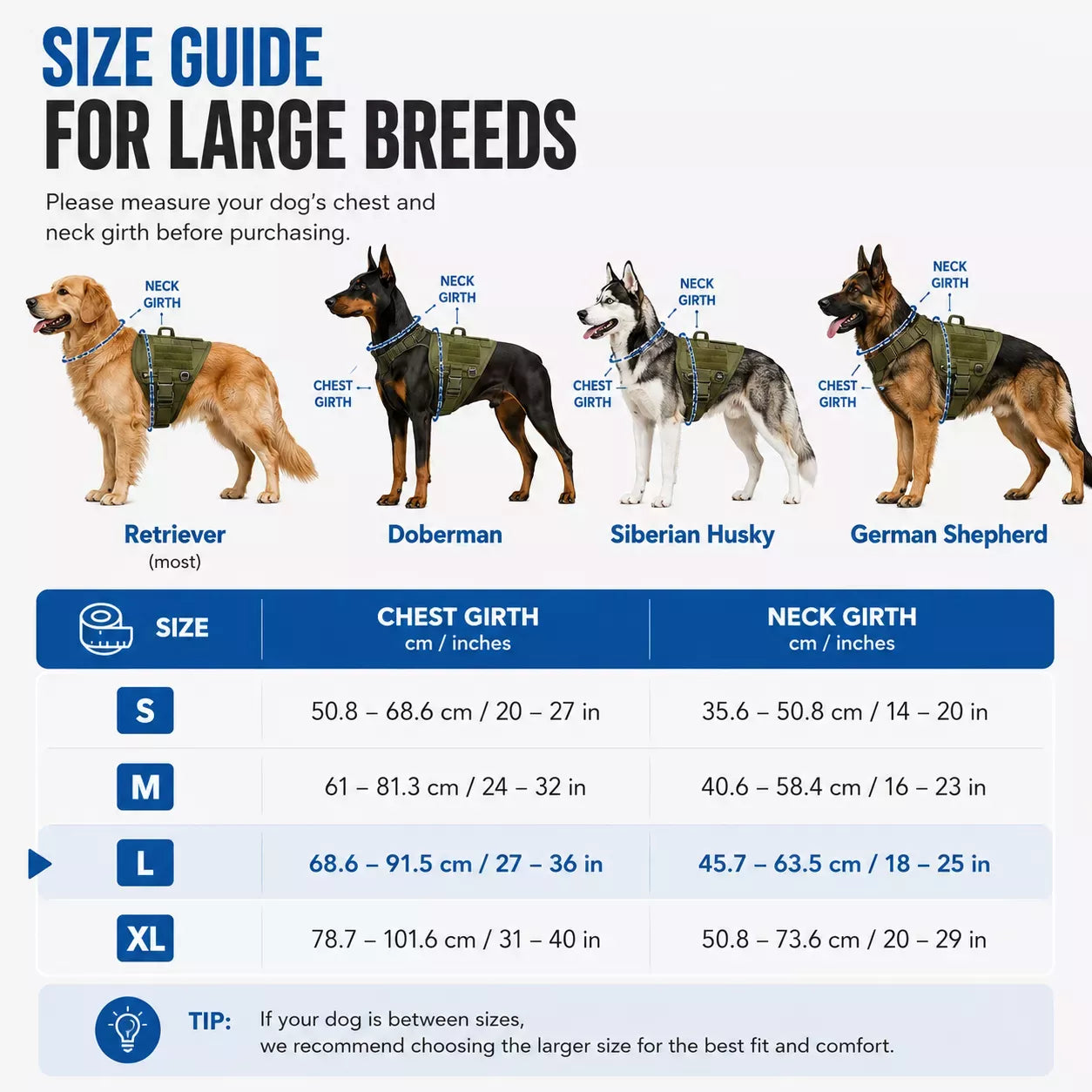 Size guide for military-style dog harness with reinforced metal hardware and padded mesh lining