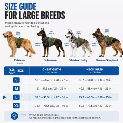 Size guide for military-style dog harness with reinforced metal hardware and padded mesh lining