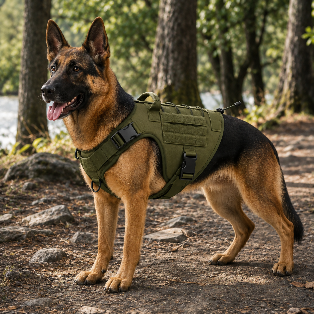 Dog wearing a tactical harness on a hiking trail with adjustable secure fit