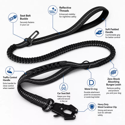 Tactical dog leash with reflective stitching and multiple labeled feature callouts on a white background, including seat belt buckle, reflective threads, padded handle, traffic control handle, car seat belt, metal D-ring, zero shock absorbing bungee leash, and heavy duty metal carabiner clip.