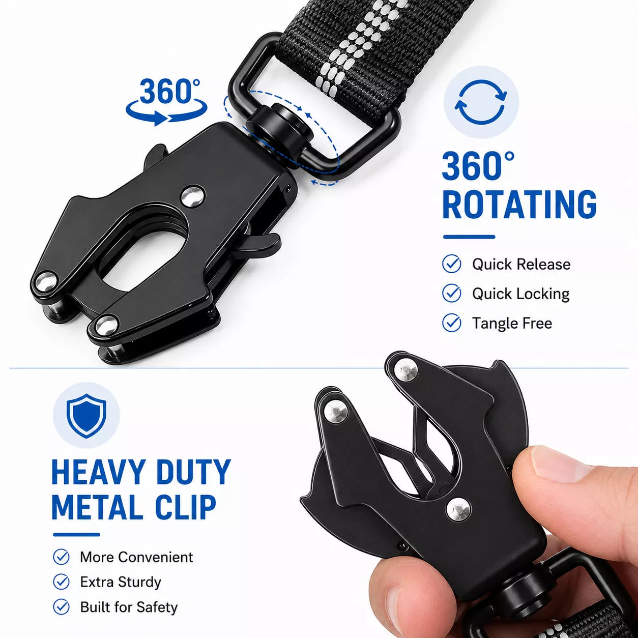Black tactical dog leash with a reinforced metal carabiner clip attached to a dog harness
