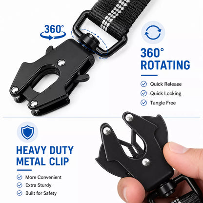 Black tactical dog leash with a reinforced metal carabiner clip attached to a dog harness