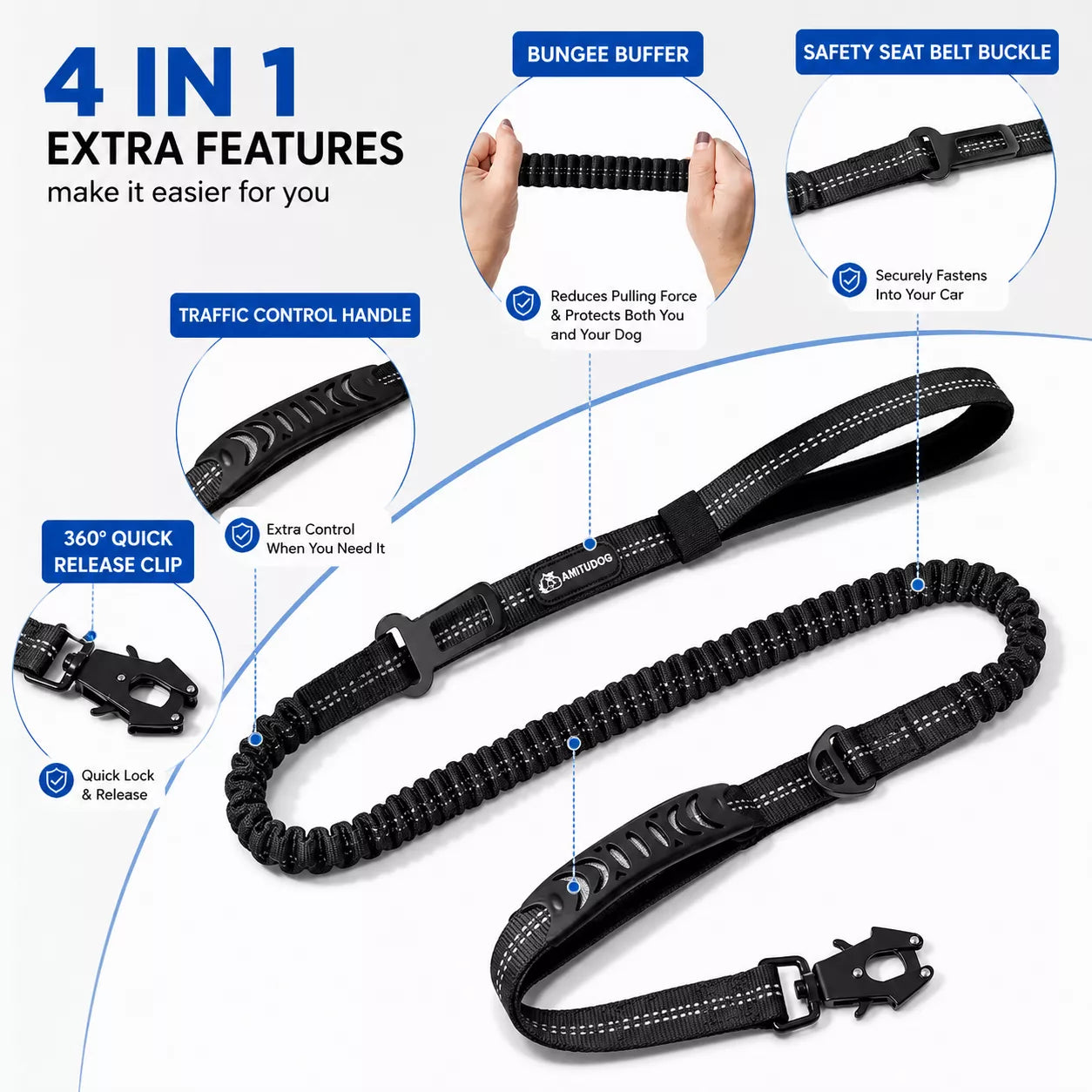 Heavy-duty tactical dog leash used for training and walking a large dog outdoors.