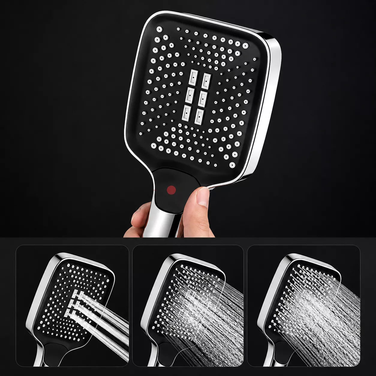 3 mode high pressure shower head showing adjustable water spray settings