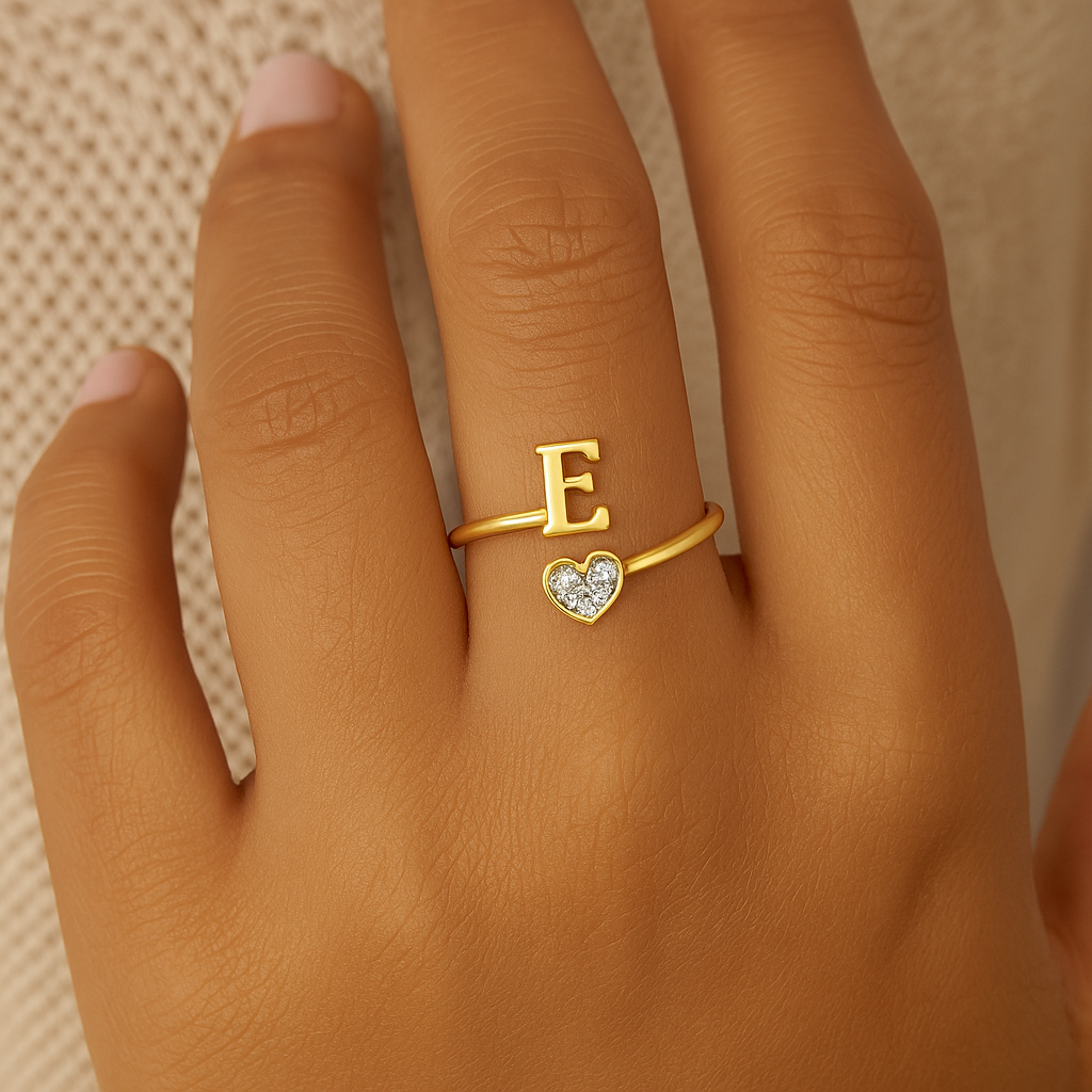 Personalized 18K Gold Initial Ring with CZ Heart