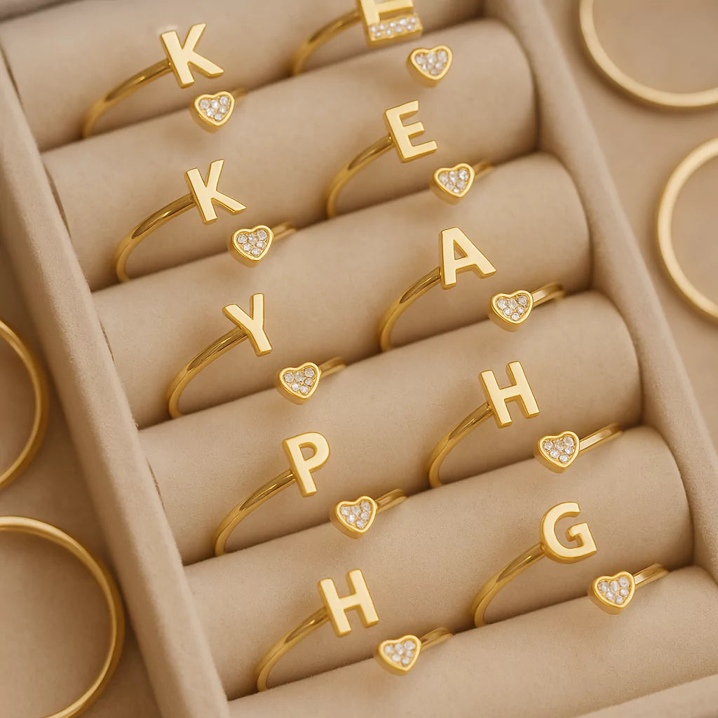 Personalized 18K Gold Initial Ring with CZ Heart