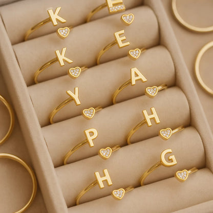 Personalized 18K Gold Initial Ring with CZ Heart