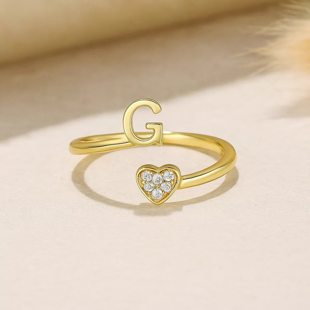 Personalized 18K Gold Initial Ring with CZ Heart