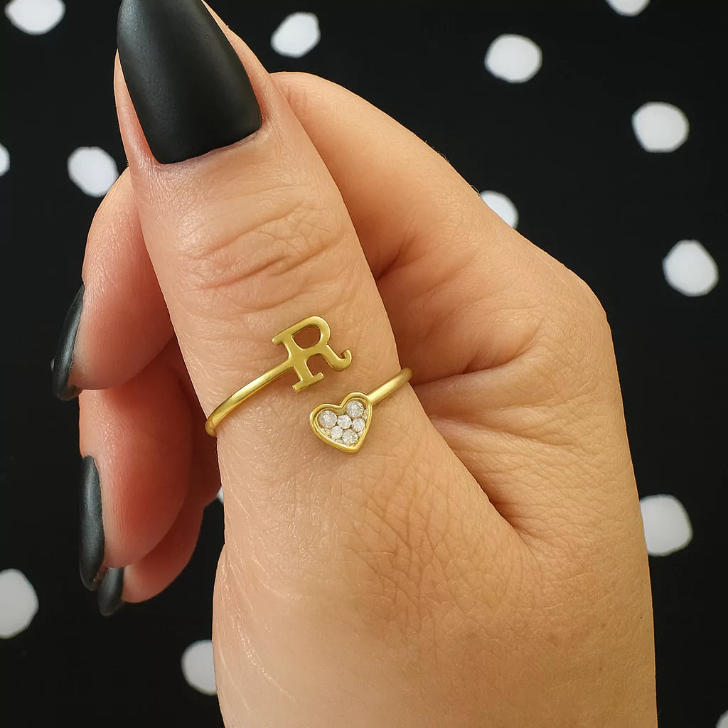 Personalized 18K Gold Initial Ring with CZ Heart