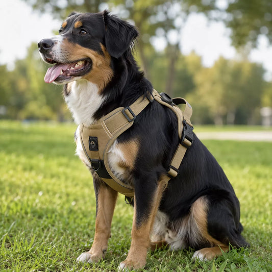Large dog wearing an AirTag dog harness during an outdoor walk