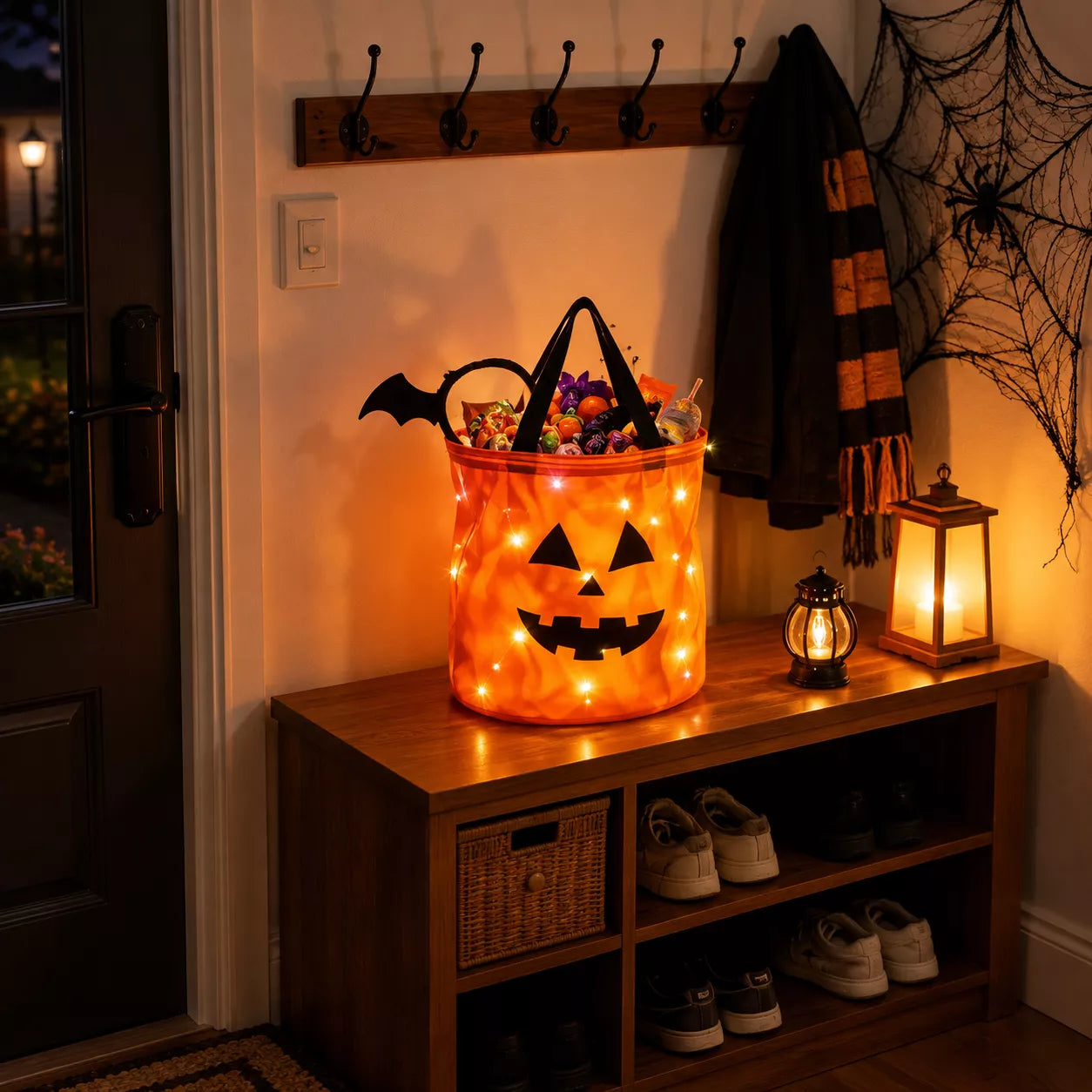 Jack o lantern trick or treat bag with top carrying handle