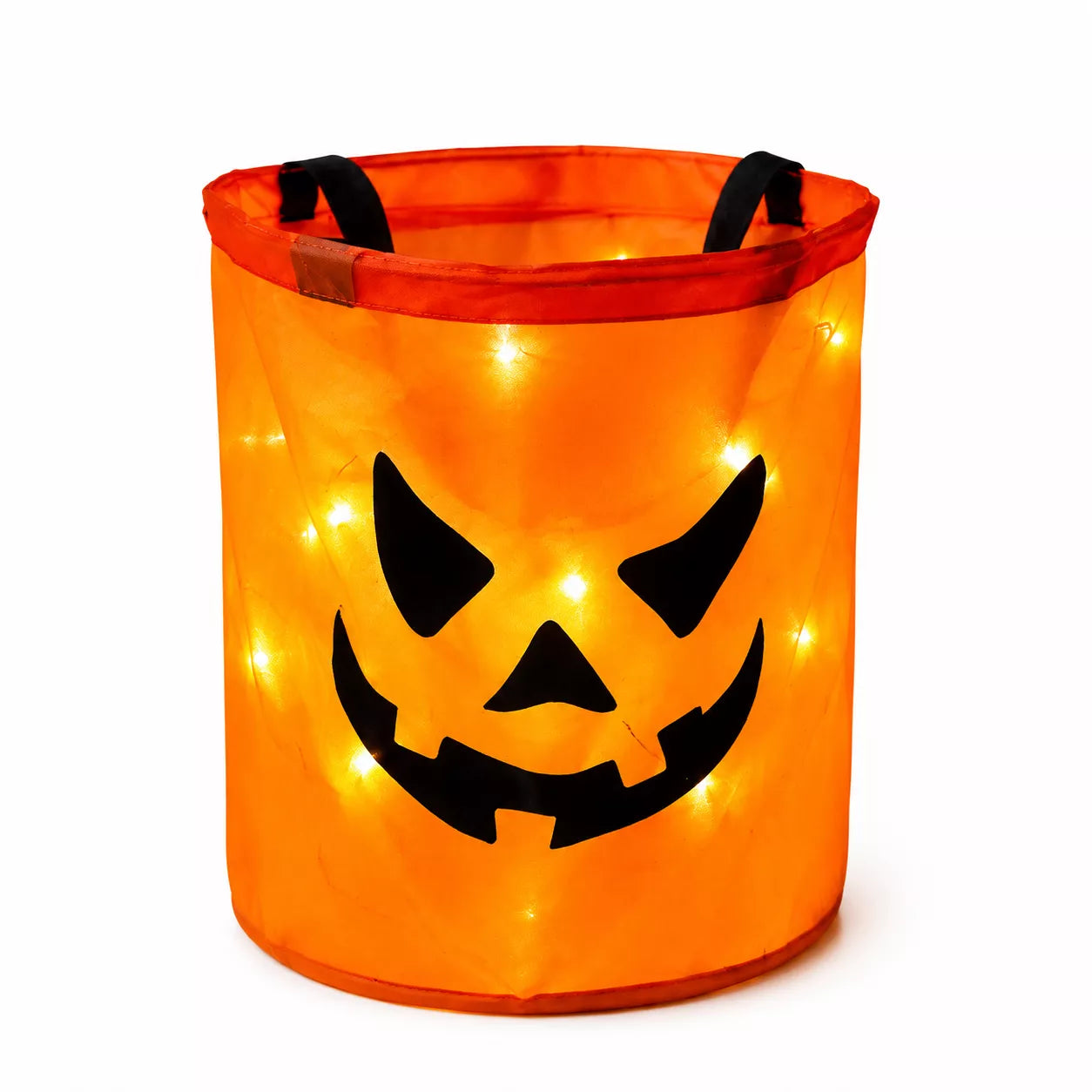 Orange light up trick or treat bag shaped like a jack o lantern pumpkin