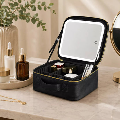 Makeup bag with detachable LED mirror positioned on a vanity beside organized cosmetics