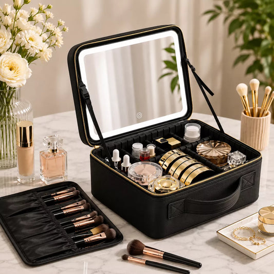 Travel makeup bag with adjustable dividers keeping beauty products neatly organized