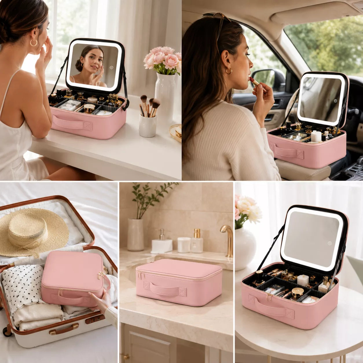 A pink makeup organizer case with an integrated mirror is shown in multiple lifestyle settings: a woman applying makeup at a vanity, inside a car, packed into an open suitcase, and sitting on a table. The case is open in several panels to show compartments and cosmetics inside.