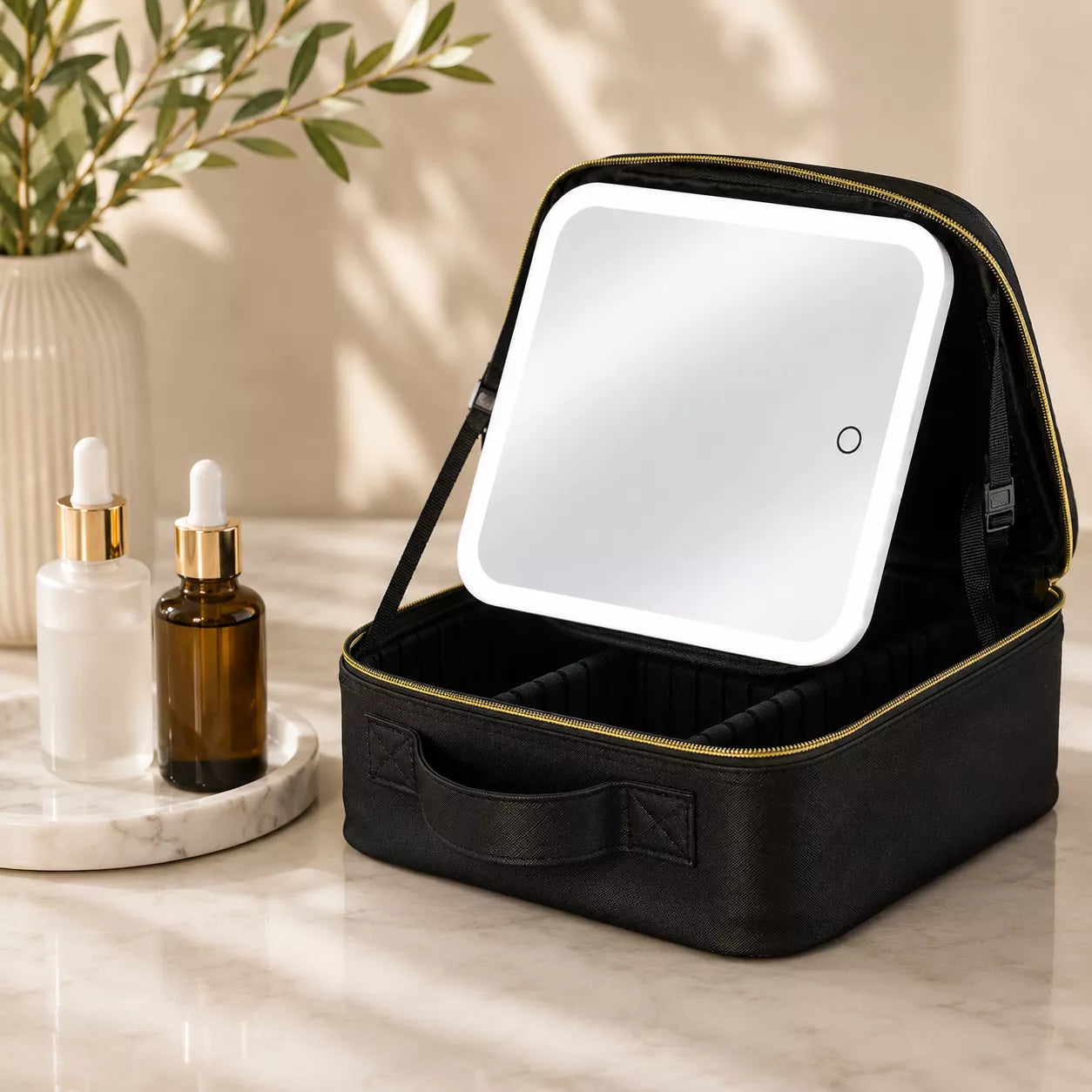 Makeup travel case featuring detachable LED mirror and adjustable compartment layout