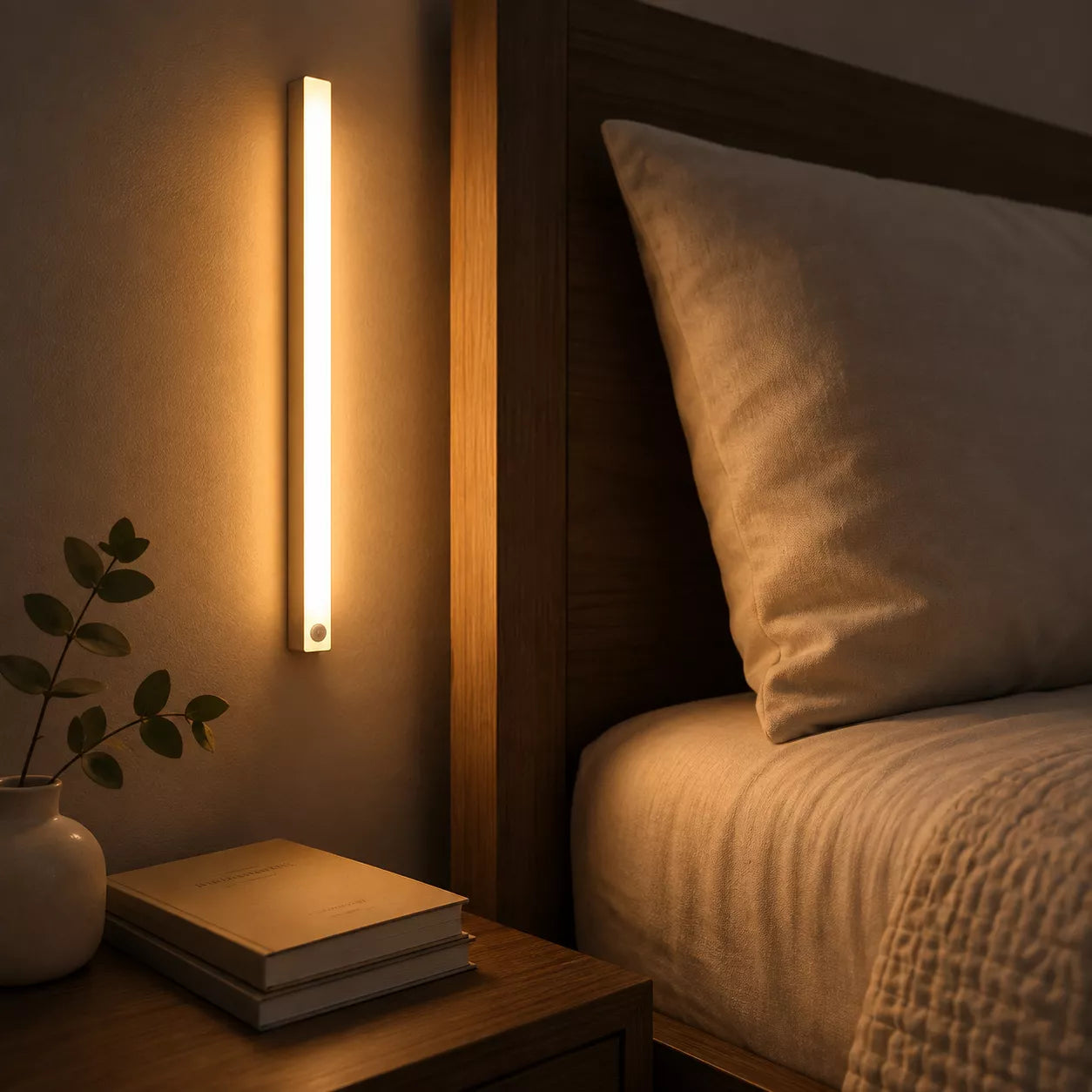 Slim rechargeable motion sensor light bar mounted to bedroom wall