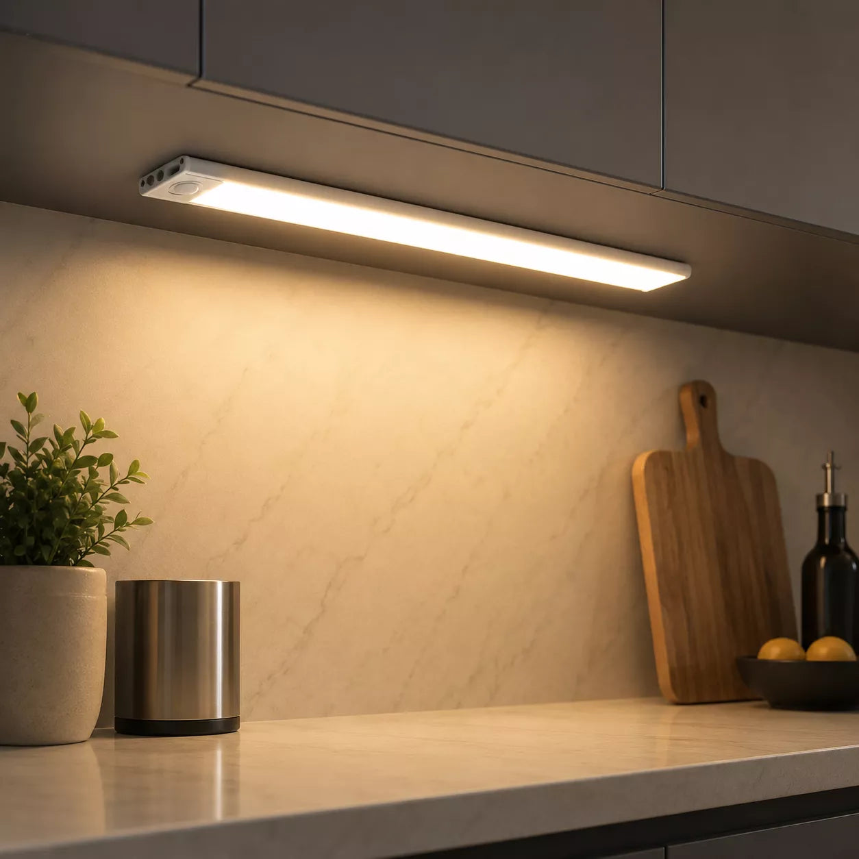 Slim rechargeable light bar mounted beneath a kitchen cabinet