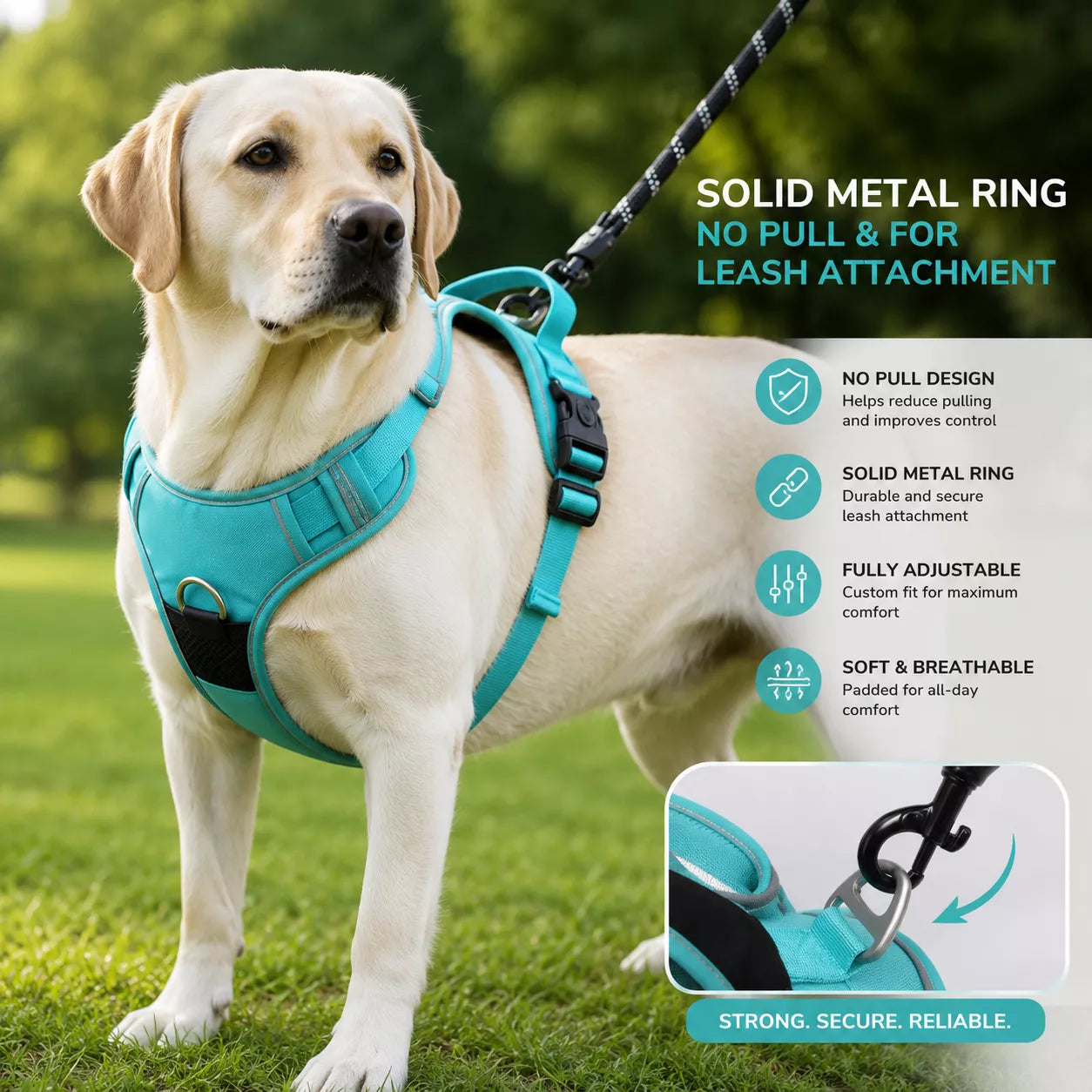 Product features of an AirTag dog harness highlighting the built-in holder, reflective strips, and adjustable fit