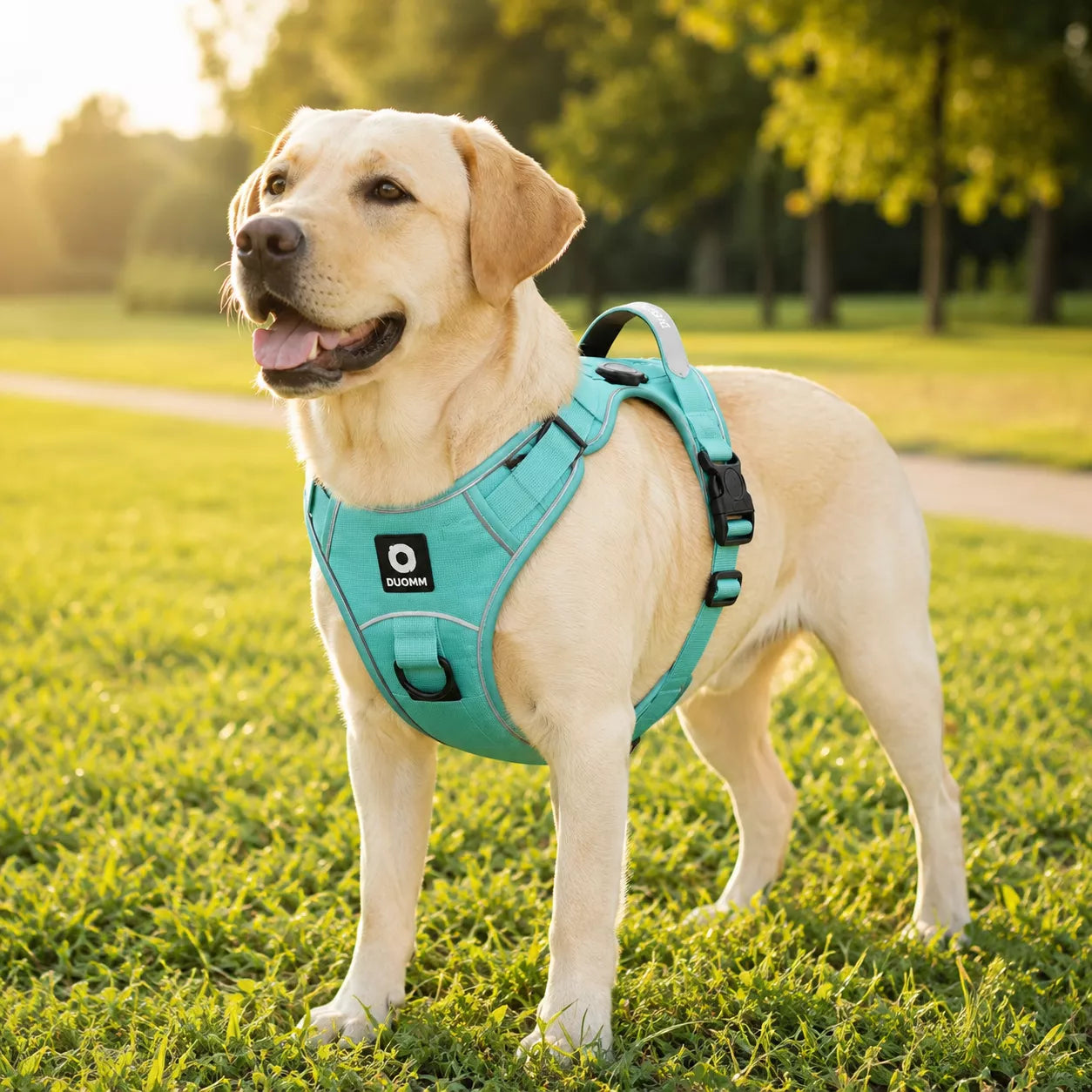 Dog wearing an AirTag dog harness during a walk in the park