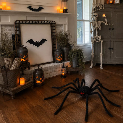 Giant Halloween spider decoration posed with legs spread wide