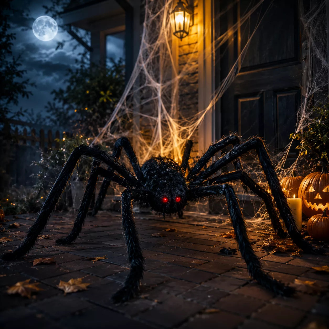 Giant Halloween spider displayed as creepy outdoor Halloween decor