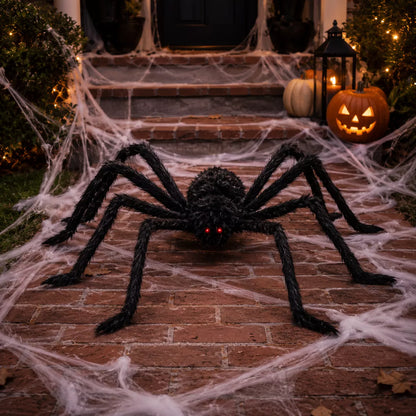 Giant Halloween spider with long posable legs and black hairy body