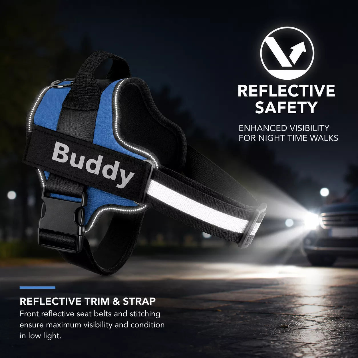 A blue and black reflective custom dog harness showing reflective strips and reinforced top control handle