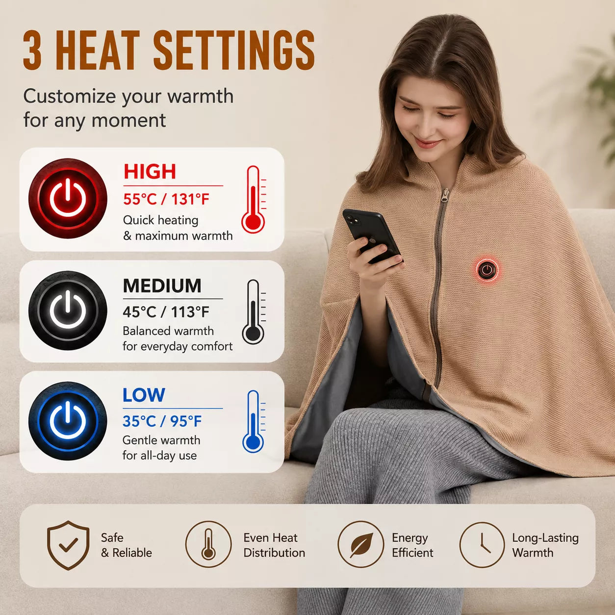 Heated shawl with three adjustable heat settings