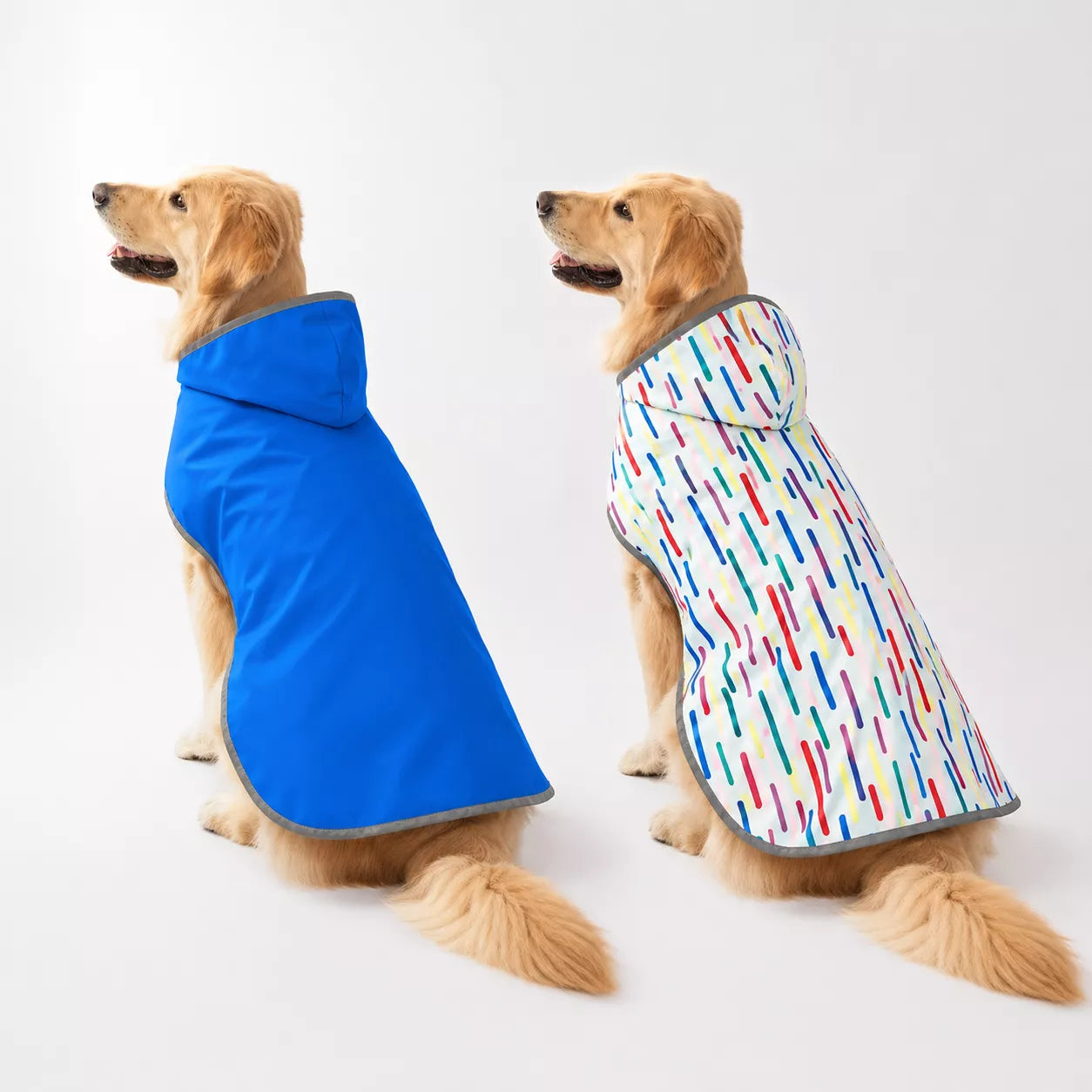 Waterproof reversible dog raincoat with adjustable hood displayed from front and back
