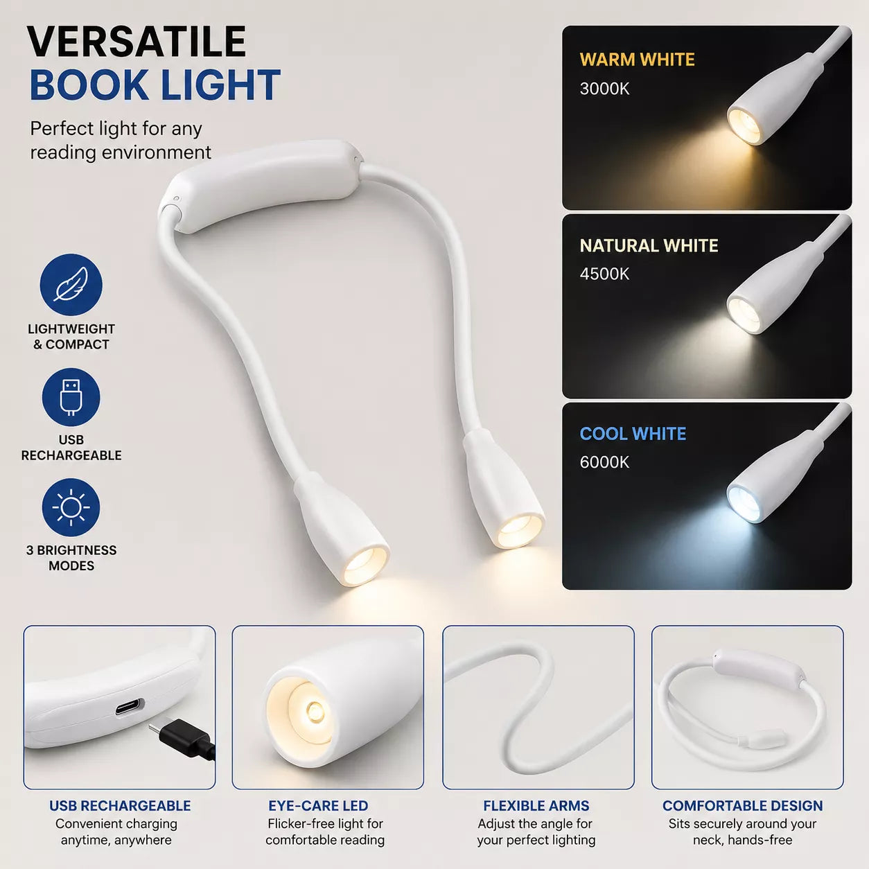 Rechargeable neck reading light used for focused nighttime reading