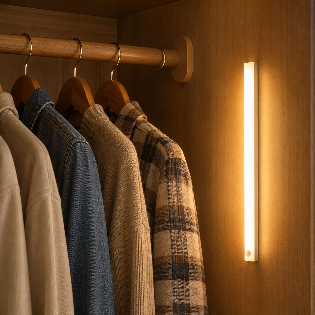 Slim rechargeable motion sensor light bar mounted in bedroom closet