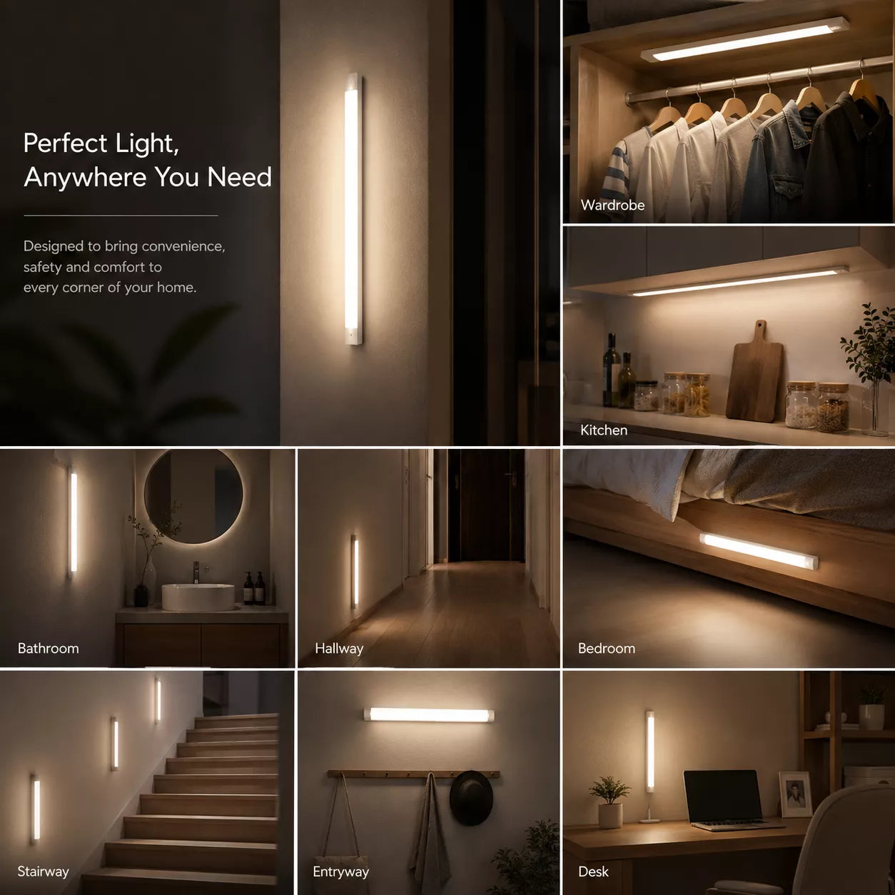 Motion sensor light bar perfect for illuminating kitchen, bedroom, closet
