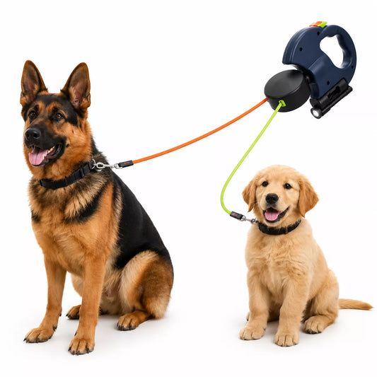 Retractable double dog leash with color-coded independent locking buttons
