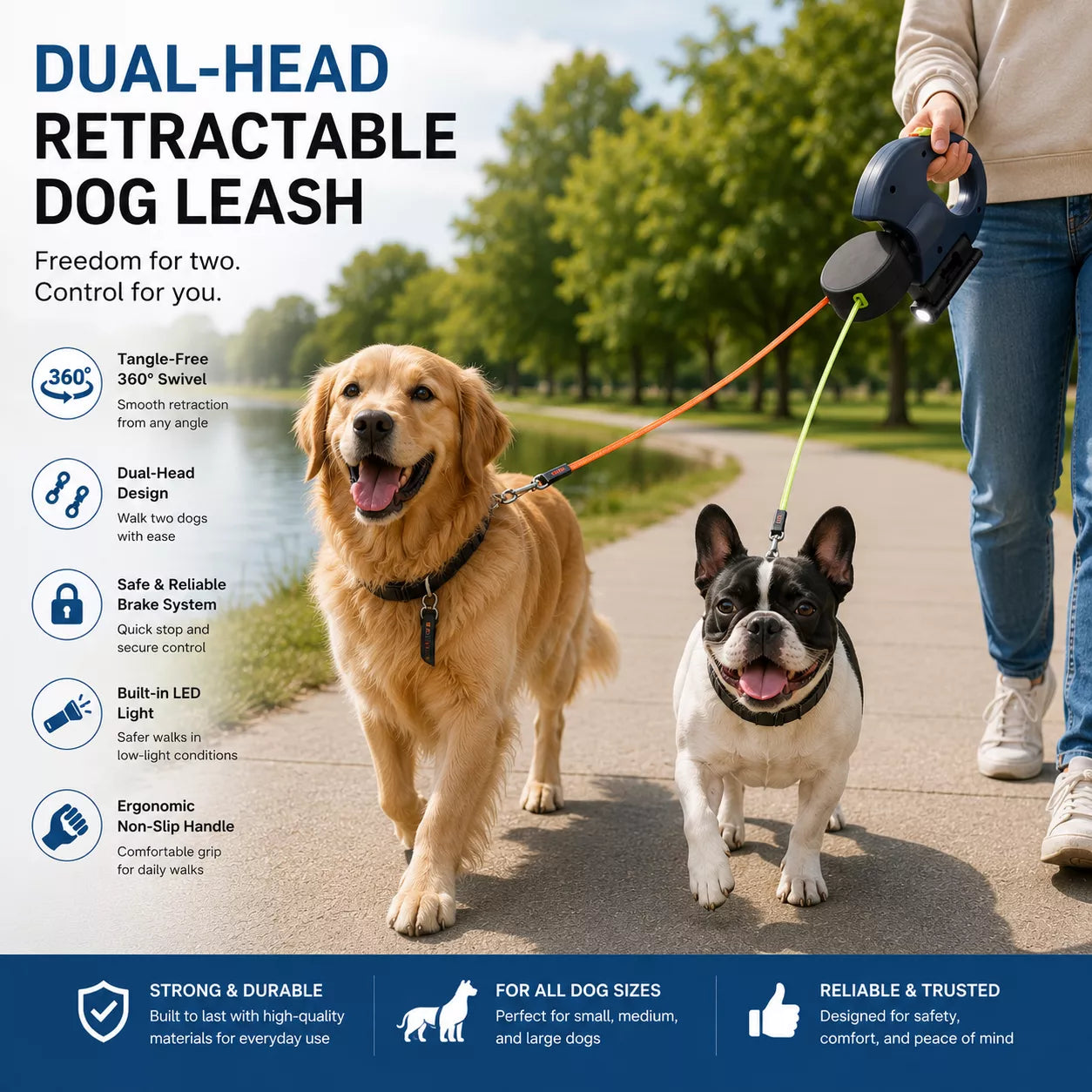 Double Dog Leash - Retractable Dual Dog Leash with 360-degree Swivel  and LED Light