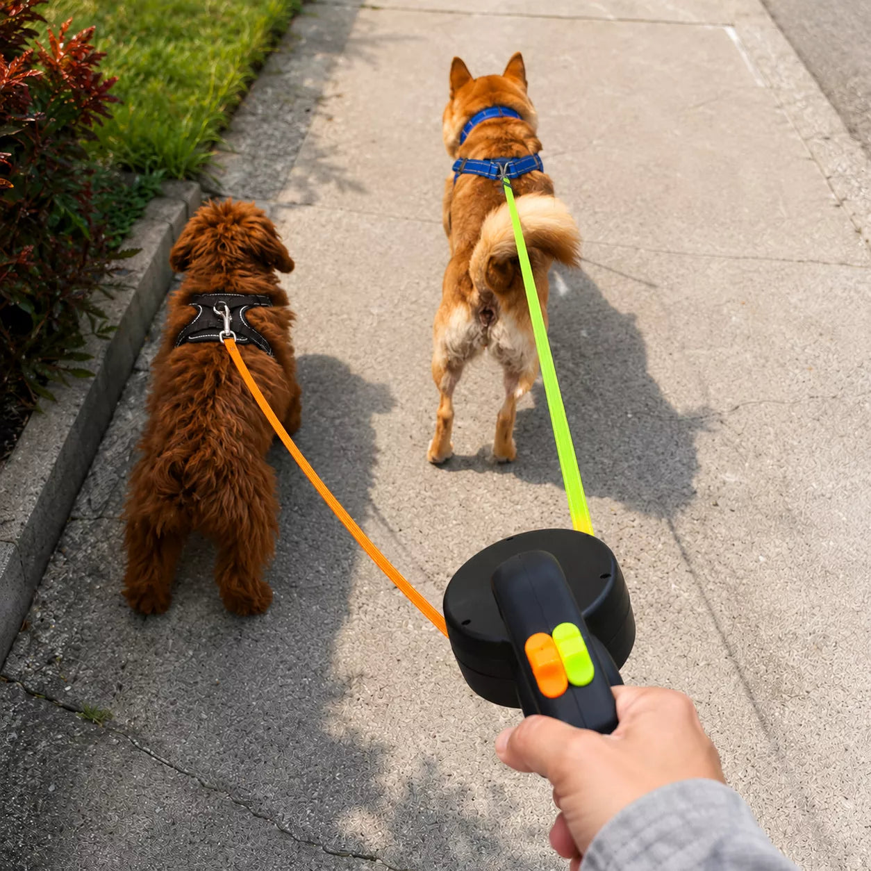 Retractable double dog leash with durable nylon leads for two dogs