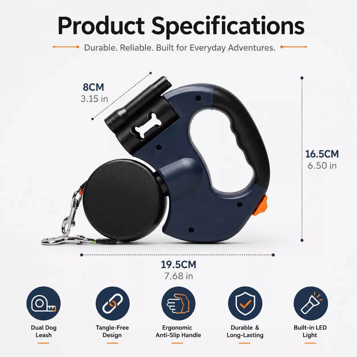 Product specifications graphic for a retractable dog leash, showing the leash with measurement callouts for width, height, and overall length, plus five feature icons below.