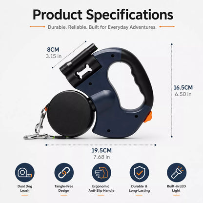 Product specifications graphic for a retractable dog leash, showing the leash with measurement callouts for width, height, and overall length, plus five feature icons below.