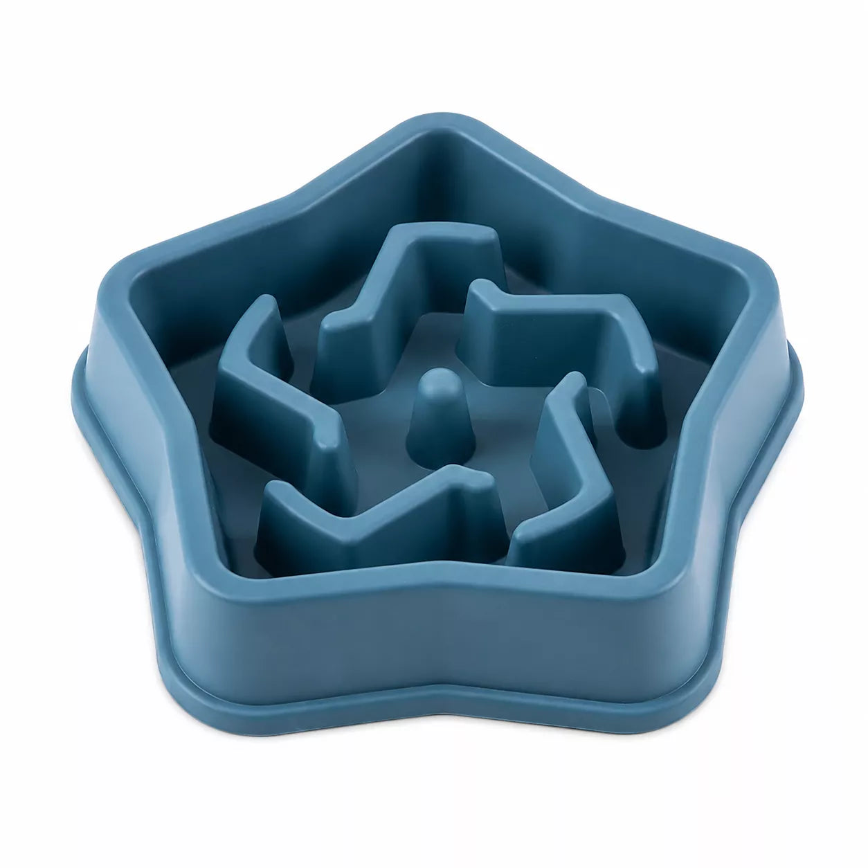 A blue star-shaped dog puzzle feeding bowl with a maze design